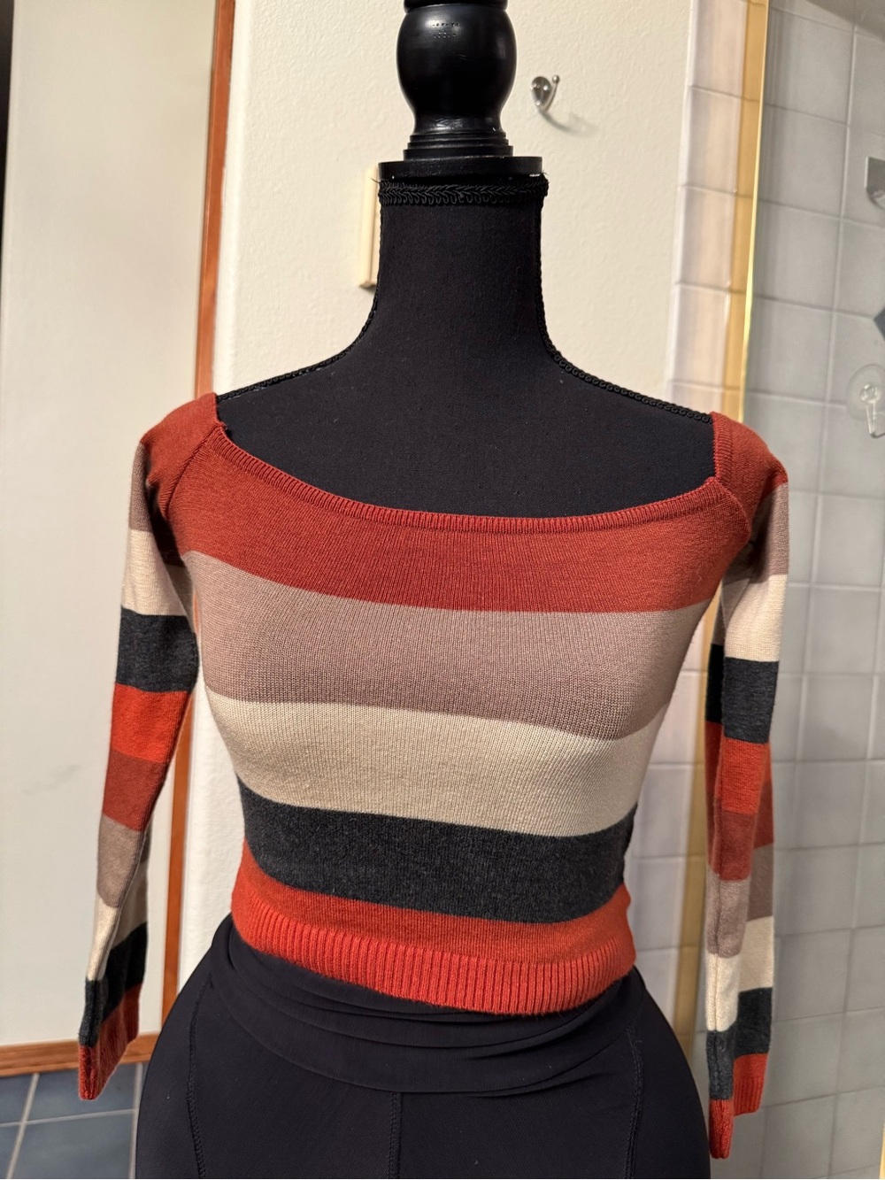 Fashion Nova Off-the-Shoulder Striped Sweater in Rust, Cream & Charcoal